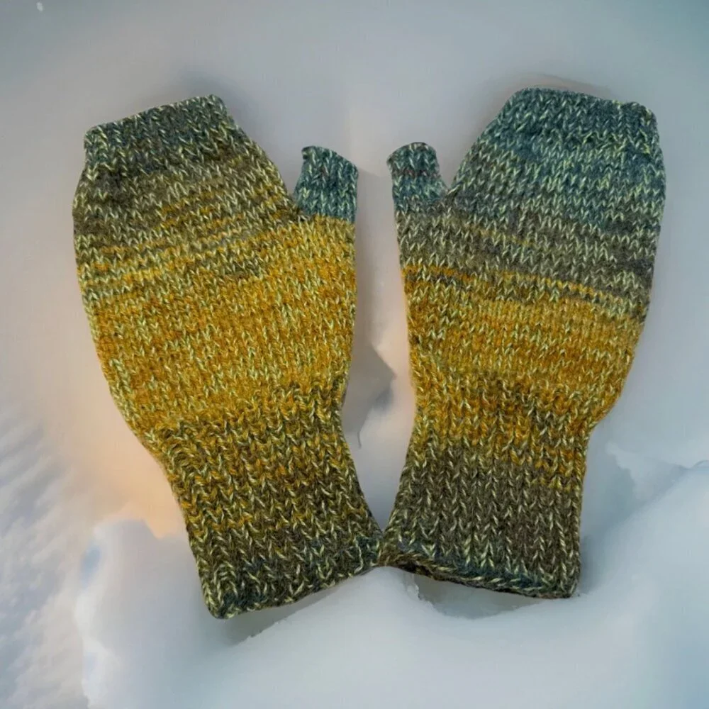 Handmade Women's Wool Blend Green Colorful Knit Fingerless Soft Mittens Gloves